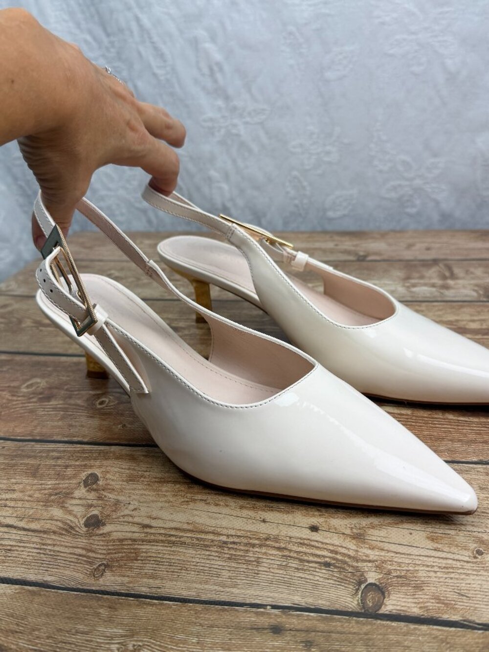 Coutgo White Patent Pointed Toe Slingback Kitten Heel Pumps Dress Shoes Size 10